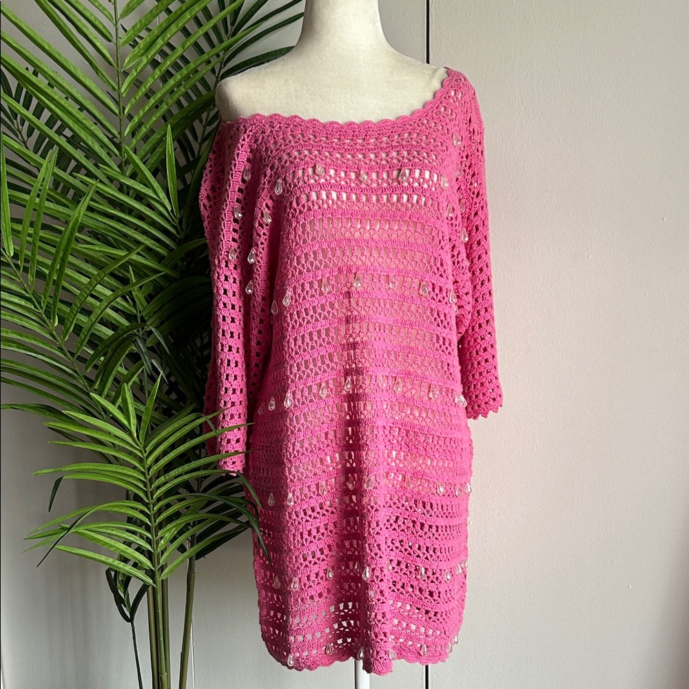 Vintage 60’s Pink Knit Dress with Faceted Beads M